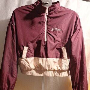 Hollister Women's Maroon and Beige Bomber Jacket
